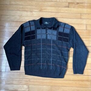 Gran Sasso Mens Vintage Wool Blend Grid Polo Sweater Charcoal Grey Small